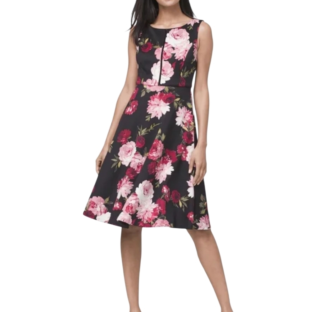 WHBM‎ Black Sleeveless Rose Floral Fit & Flare Dress Size 12